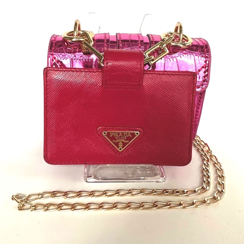PRADA Magenta Logo Saffiano Leather Card Wallet w/ offmarket Minibag, belt